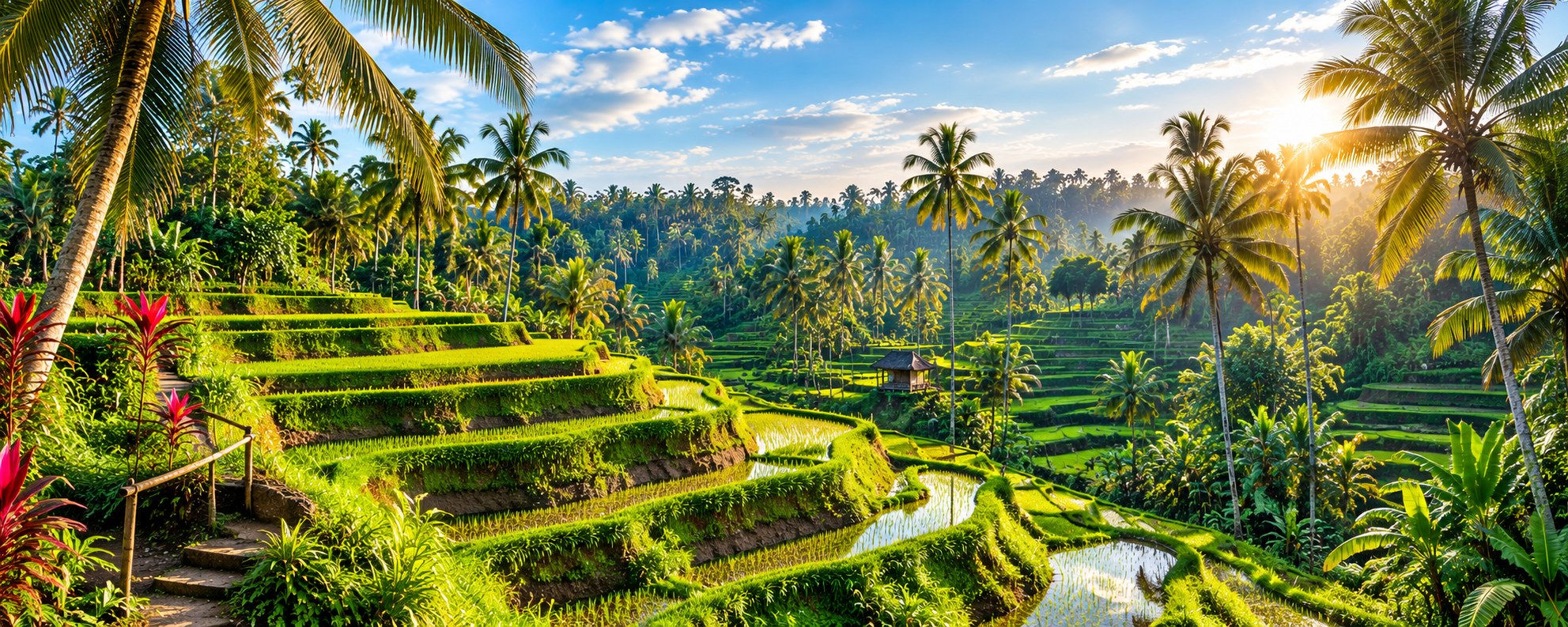 Ubud Bali landscape with rice terraces and Balinese temple